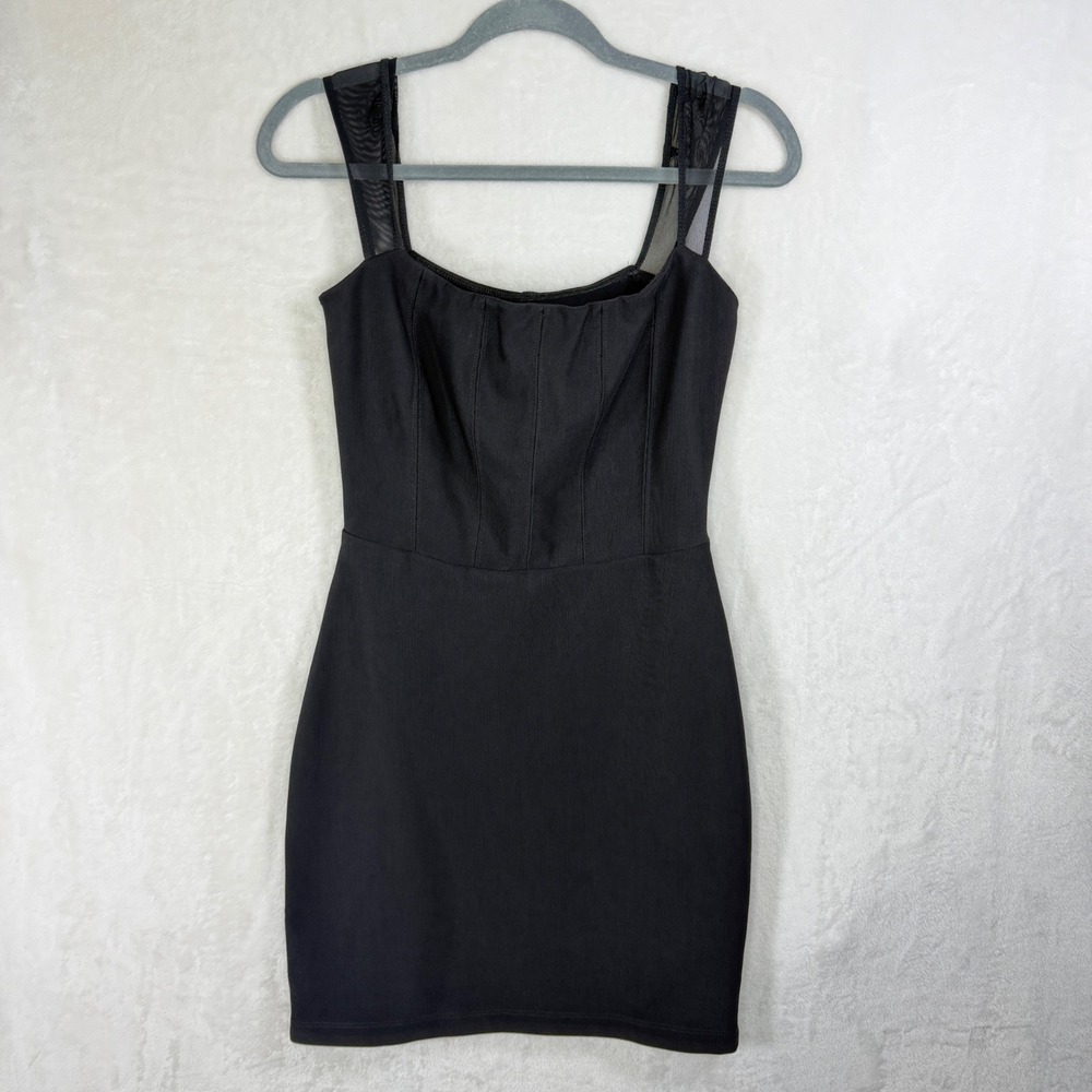 Hugo Buscati Mini Dress Women Medium‎ Black Mesh Strap Corset Seam Bodycon LBD
